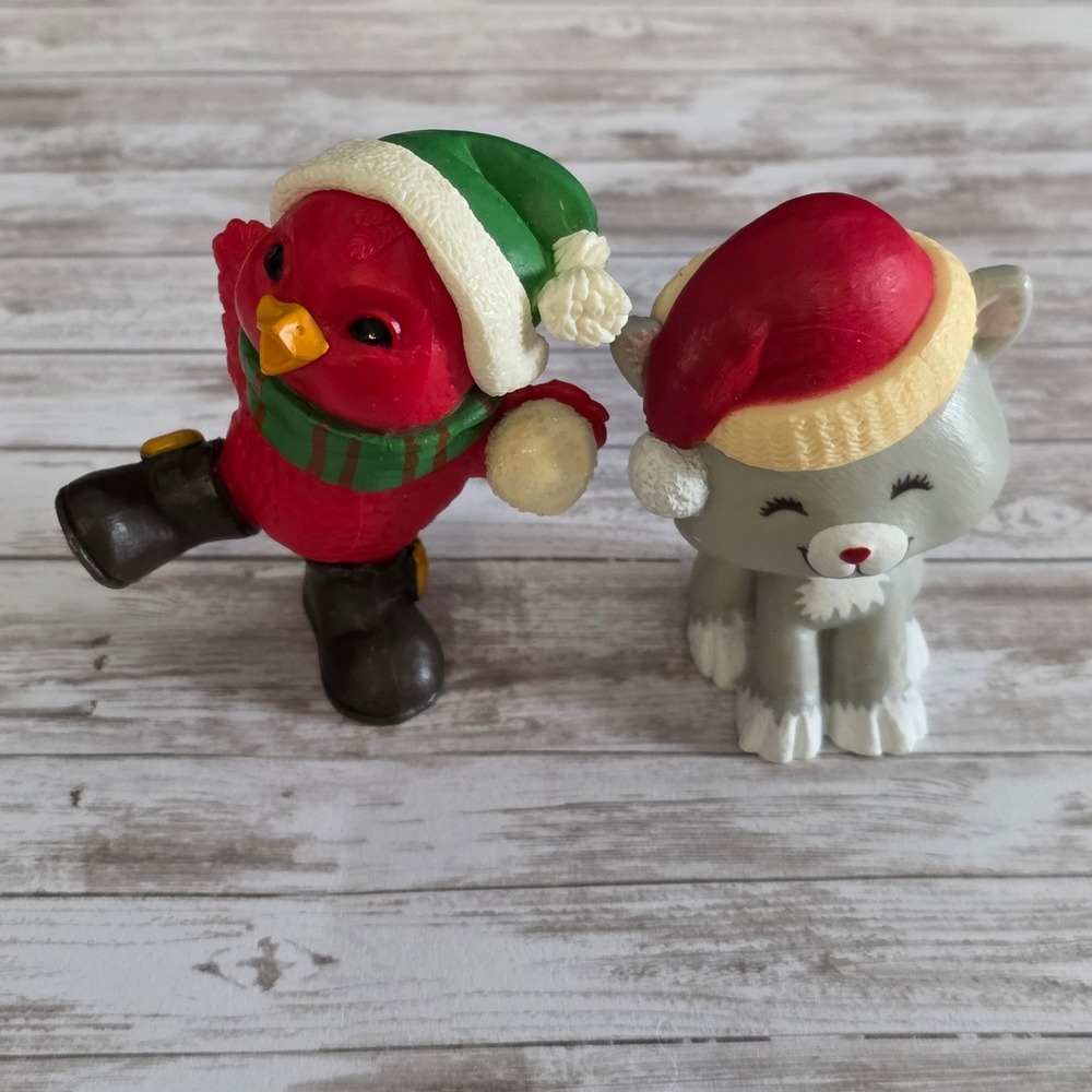 Vintage 1981 Hallmark Christmas Figurines Cardinal Bird Cat Santa Hat Lot 2